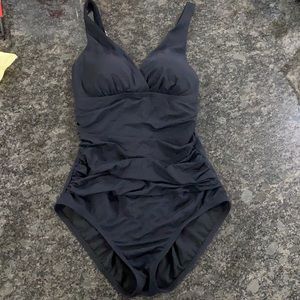 Black one piece swimsuit.